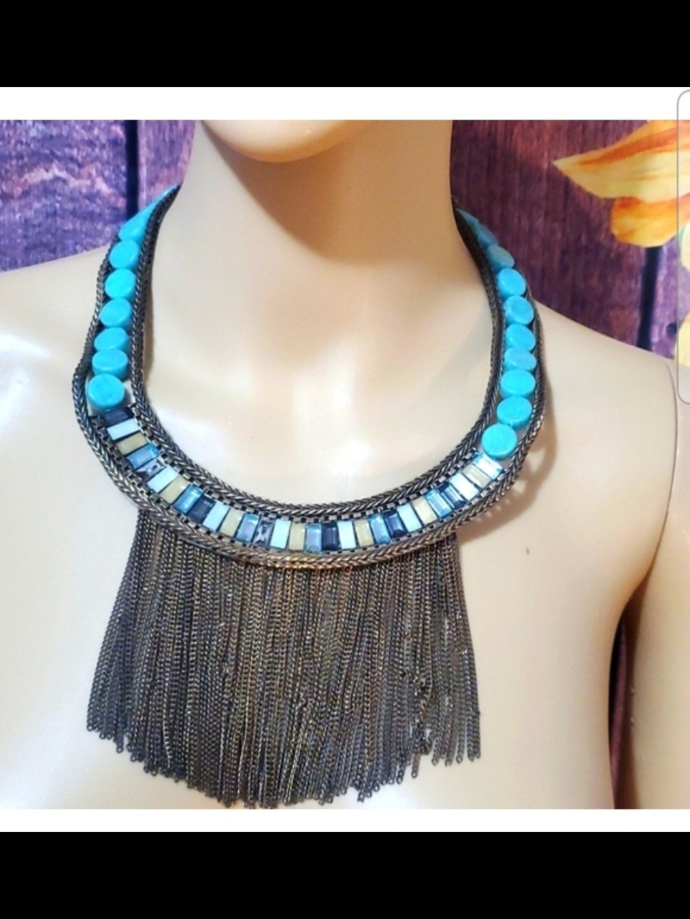 Statement Turquoise Fringe Collar Necklace - Unbranded